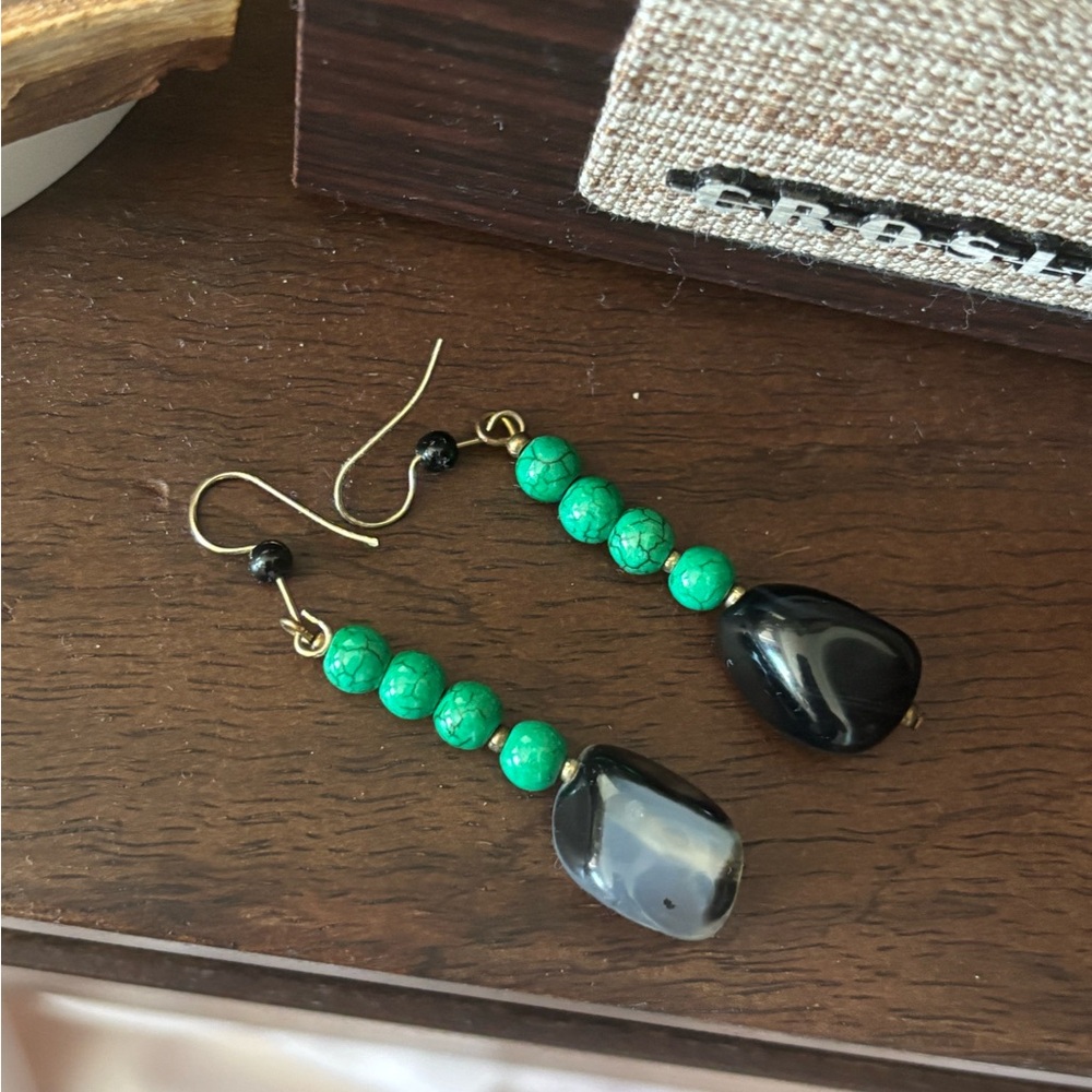 black glass stone and green beaded earrings, hypoallergenic